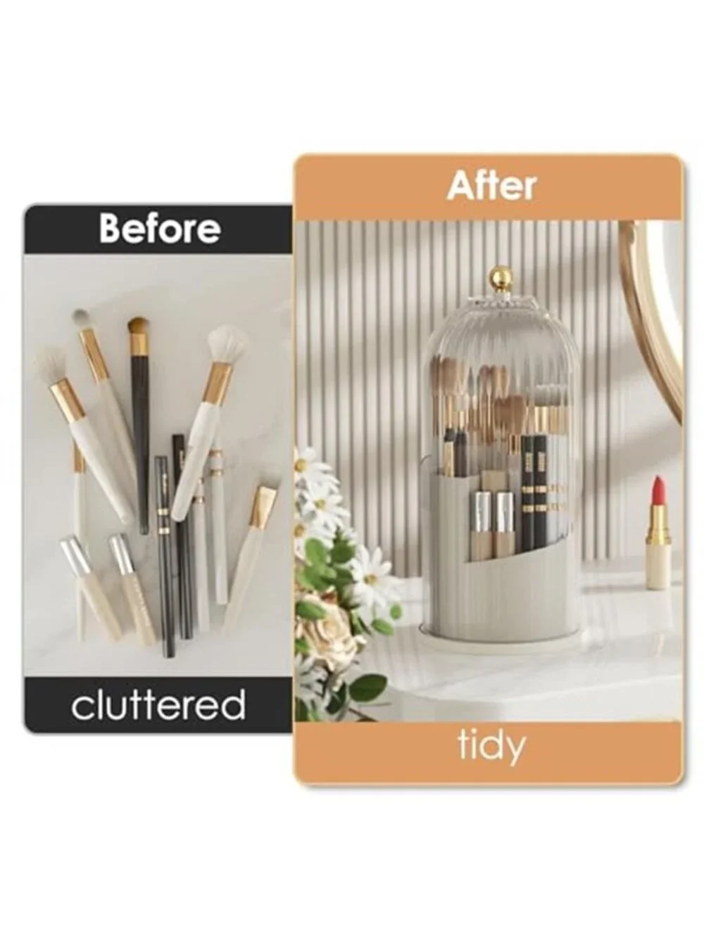 Rotating Makeup Brush Holder With Lid Organizer Dustproof Vanity Storage